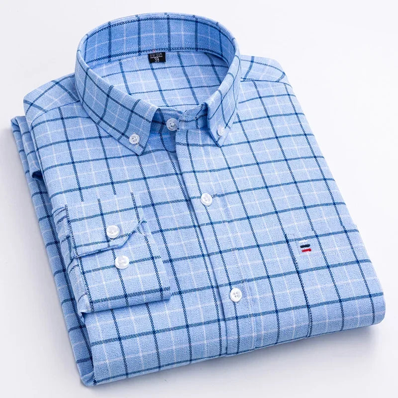 New in ShirtPlus Size 7XL 100% Cotton Sanding Long-Sleeve Shirts for Men Slim Fit Plain Shirt Striped Plaid Single Pocket Clothe
