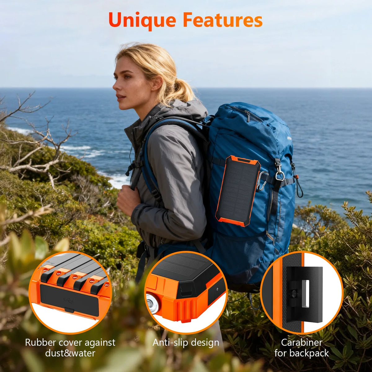 20000mAh Portable Solar Power Bank Dual LED Lights 4 Built-in Cables Fast Charging for iPhone Android Phones AirPods