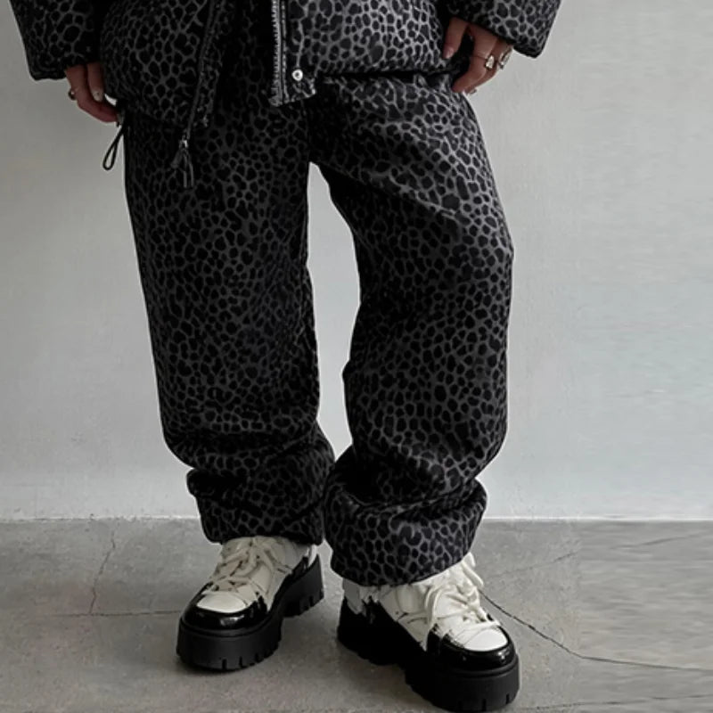 Leopard Print Women's Winter Down Jacket Pant Set Hooded Full Sleeve Zipper Jacket Elastic Waist Pants 2026 Warm Padded Coat Set
