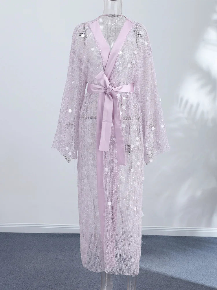 Sequined Hollow Out Long Dress Women Sexy V-neck Full Sleeve Mesh Patchwork Lace Up Cardigan Party Evening Dresses New Beachwear