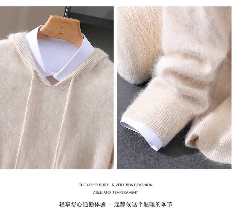 Autumn Winter New 100% Mink Cashmere Sweater Men's Solid Color Hooded Pullover Knitted Sweater Loose Casual Top For Outdoor Wear