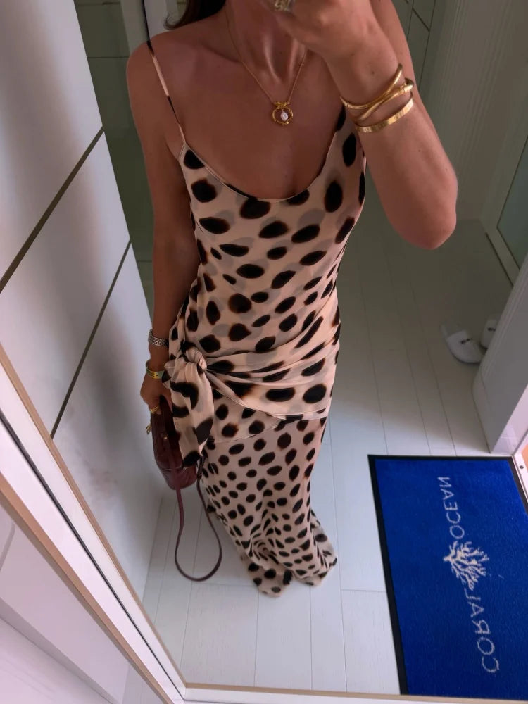 Elegant Animal Print Maxi Dress Detachable Scarf Spaghetti Strap Tie Waist Slim Fit Skirt Women Summer Party Vacation Outfit New
