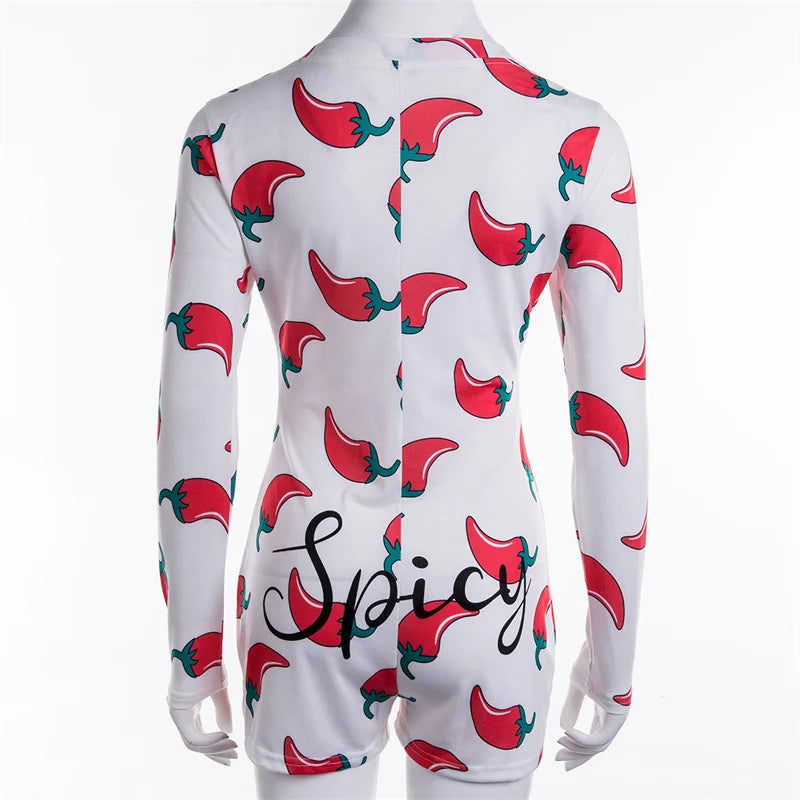Women Long Sleeve Low Cut Bodycon Sleepwear Spicy Print Short Romper Pajamas Overalls Spring Autumn Housedresses