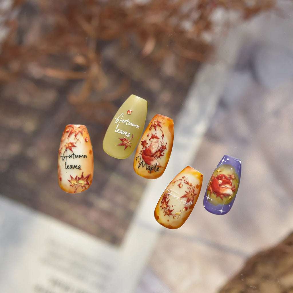 Autumn Maple Leaf Red Fox Lovely 5D Embossed Self Adhesive Nail Art Stickers Rabbit Mushroom Animals Fall Cute Manicure Decals