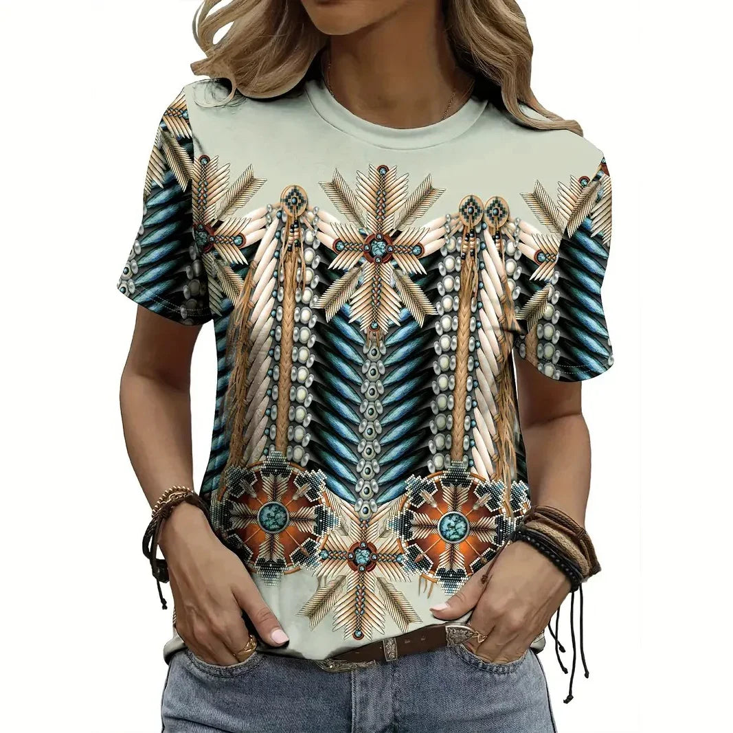 Vintage Ethnic T-Shirts Geometry 3D Print Women Casual Short Sleeves T Shirt Streetwear Y2k Harajuku Tees Tops Female Clothing