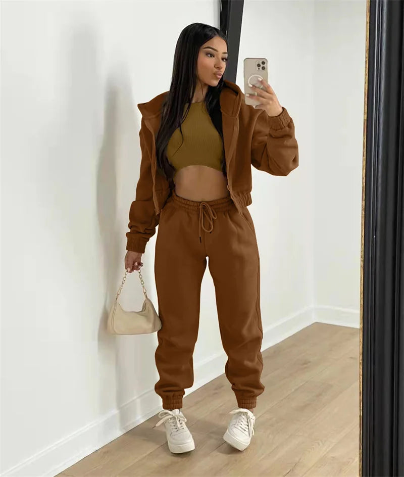 Active Wear 3 Piece Sets Womens Outfits Tracksuit Hooded Jacket Top + Vest + Sweatpants Sporty Suit Fitness Casual Matching Sets