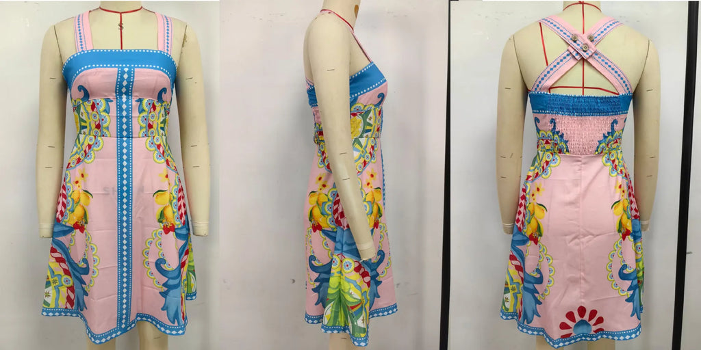 2026 Summer Fashion New Women's Elegant Design Printed Dress Strap Vacation Storm Simia Temperament Short A-line Dress