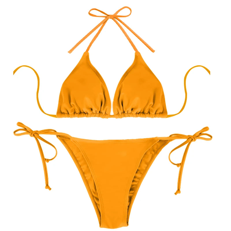 Women's Sexy Bikini Set Summer Beach Vacation Style Solid Color Women's Hanging Neck Exposed Back Lace Up Bikini Swimsuit Suit