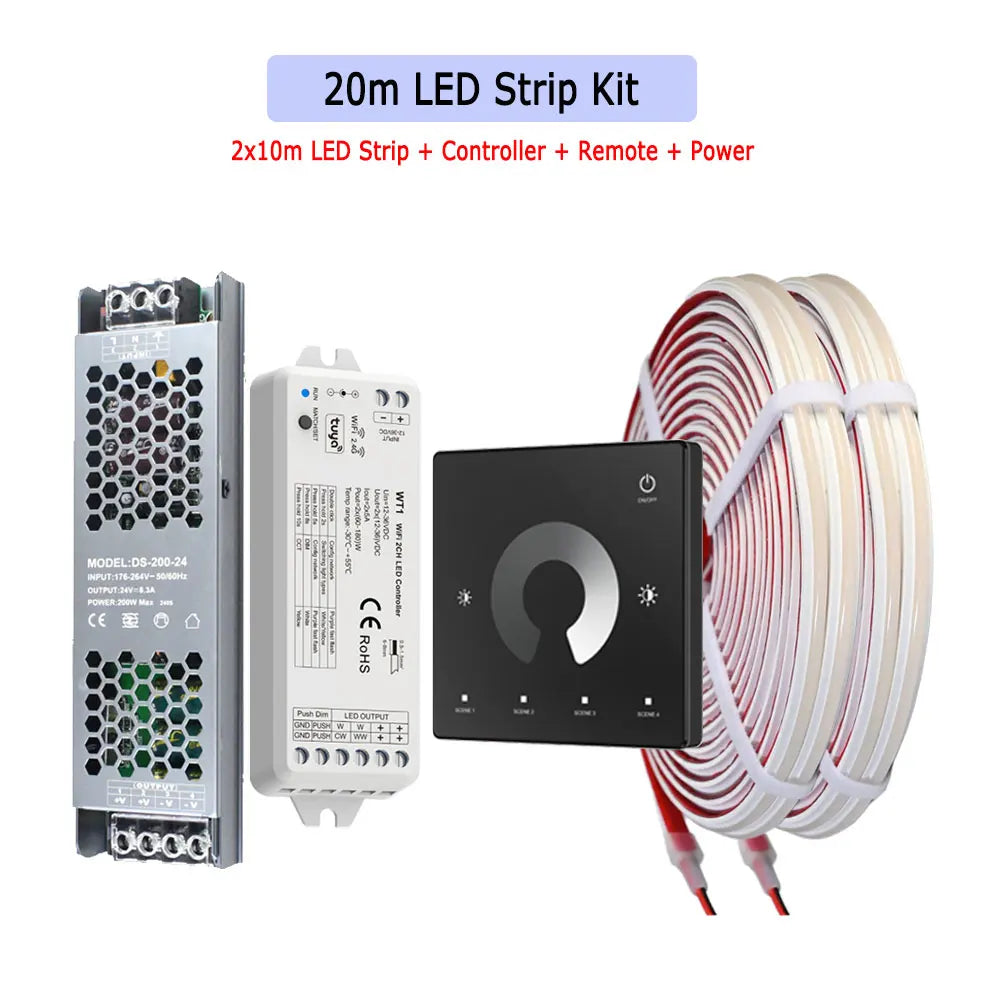 10m 20m Waterproof IP67 Tuya WiFi COB LED Strip 24V Dimmable Room Outdoor Light Warm White Touch Remote for Alexa Home Assistant