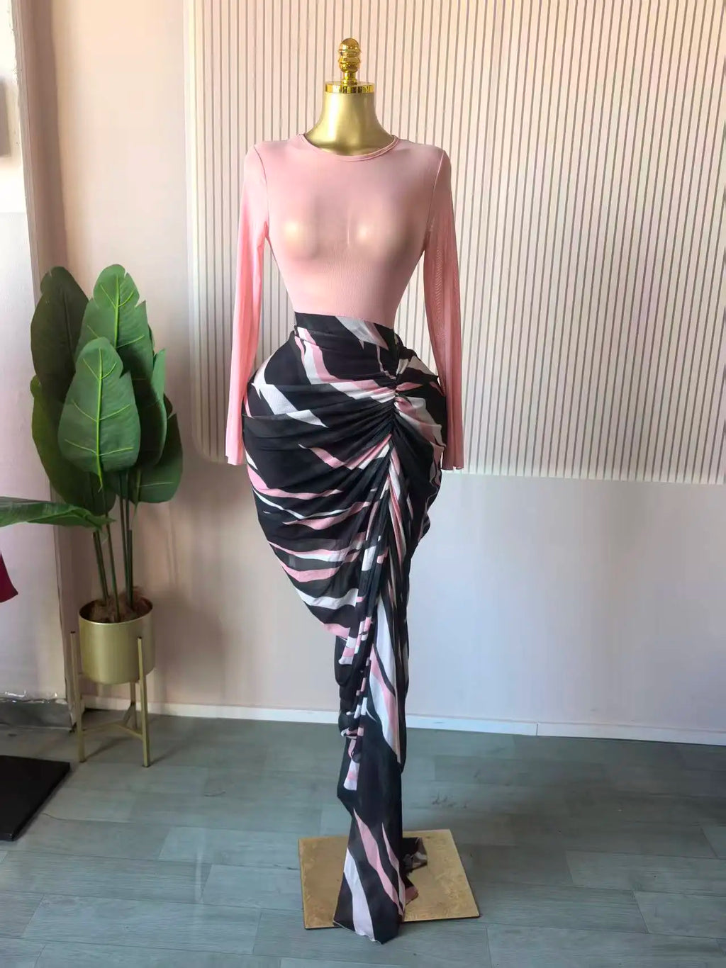 CM.YAYA Women Tie Dye Striped Patchwork Stacked Ruched Bodycon Midi Maxi Long Dress Fall Winter Education Vacation Prom Dresses