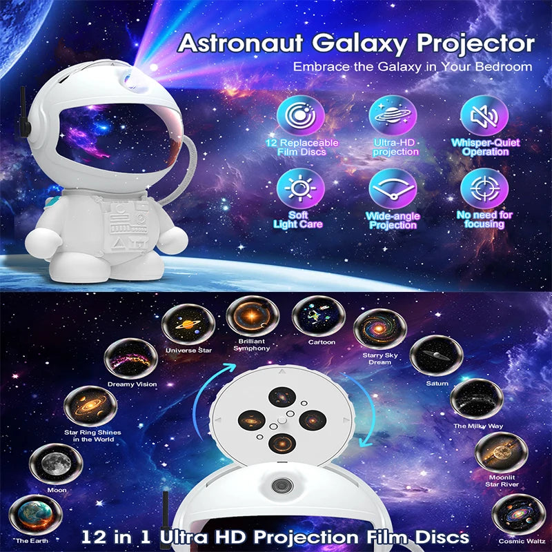 Astronaut Galaxy Projector Star Projectors with 12 Space Film 360°Rotating Magnetic Head Planetarium Suitable for Kid and Adult