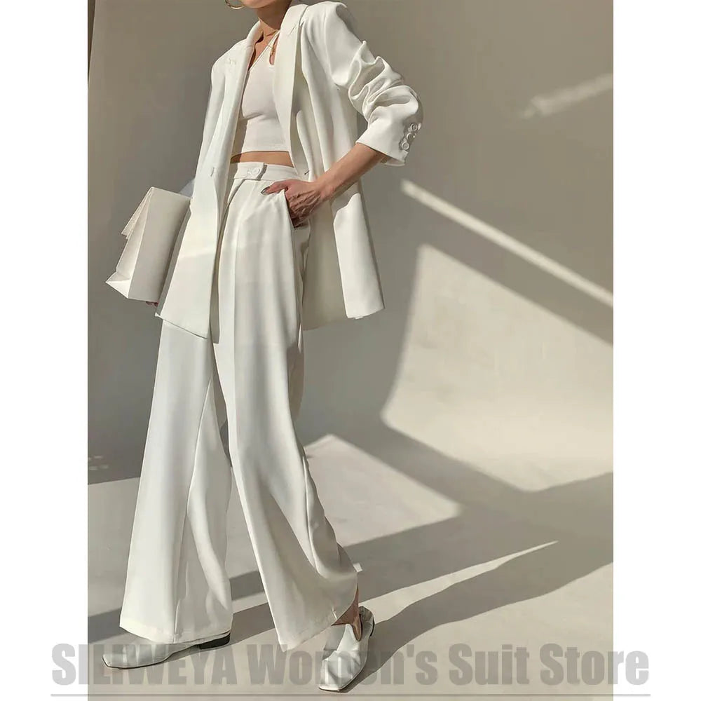 White Women's Suit Elegant Peak Lapel Formal Office Outfit Loose Fit Design Business Casual Party Ladies Fashion Suits 2 Piece