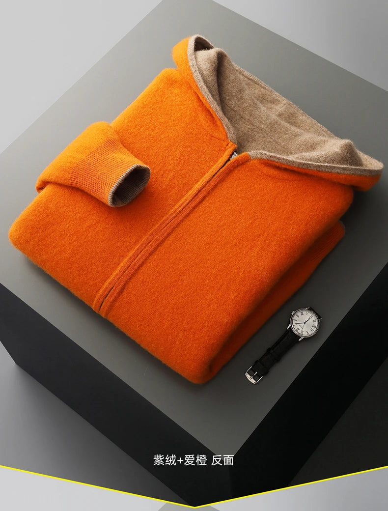 New Men's 100% Merino Wool Double Sided Wearable Hooded Sweater Casual Autumn Winter Coat Long Sleeved Men's Wool Sweater Tops