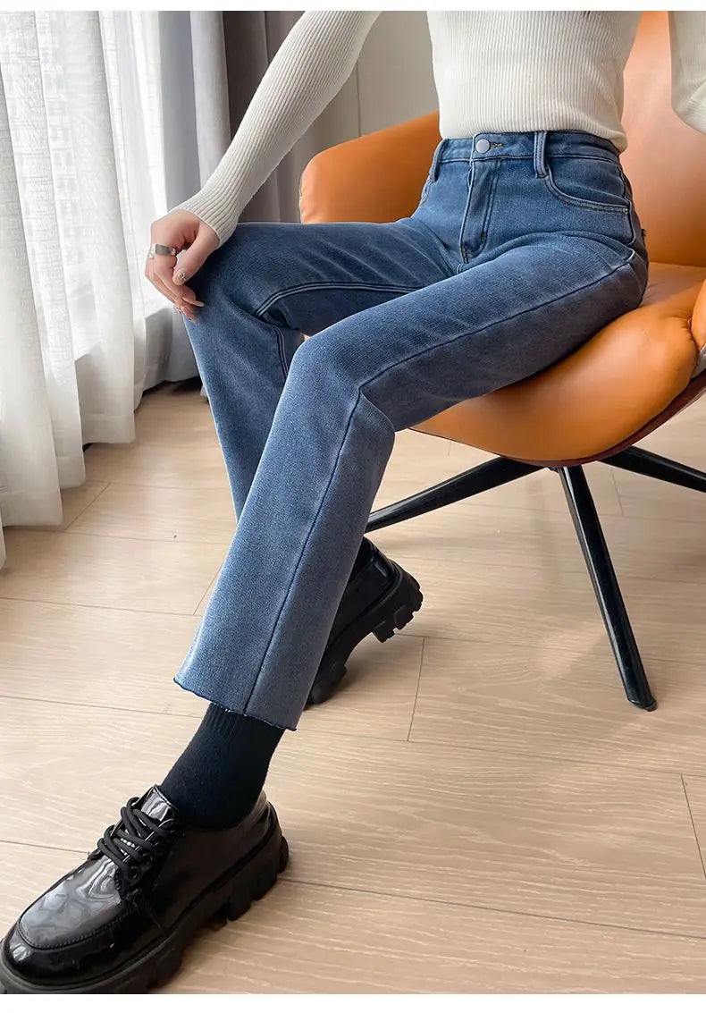 Womens Jeans Fleece Lined Thickened Winter Warm Straight Leg Loose Fit High Waist Slimming Trousers Y2k Clothes Y2k Jeans