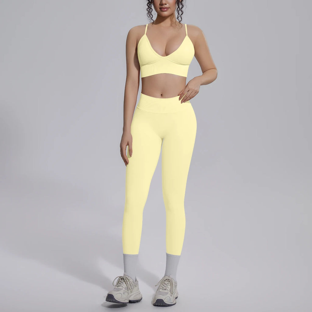 2PCS Woman Yoga Set Shockproof Workout Top Sexy Yoga Bra with Chest Pad High Stretch Seamless Fitness Pants Gym Yoga Set