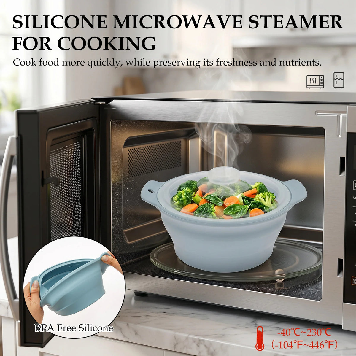 1250ML/42Oz Silicone Microwave Steamer Collapsible Food Steamer with Lids Microwaves Steamers Cookware for Kitchen Accessories
