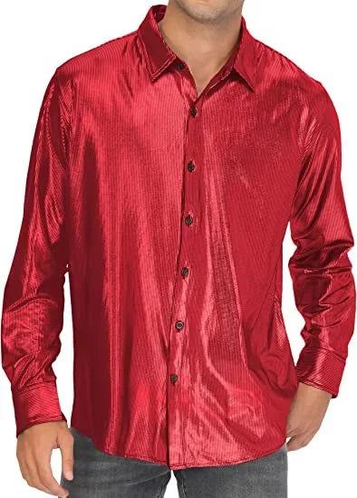 Metallic Shiny Polyester Dress Shirts for Men Black Solid Gold Red Silver Long Sleeve Turn Down Collar Prom Disco Men's Shirt