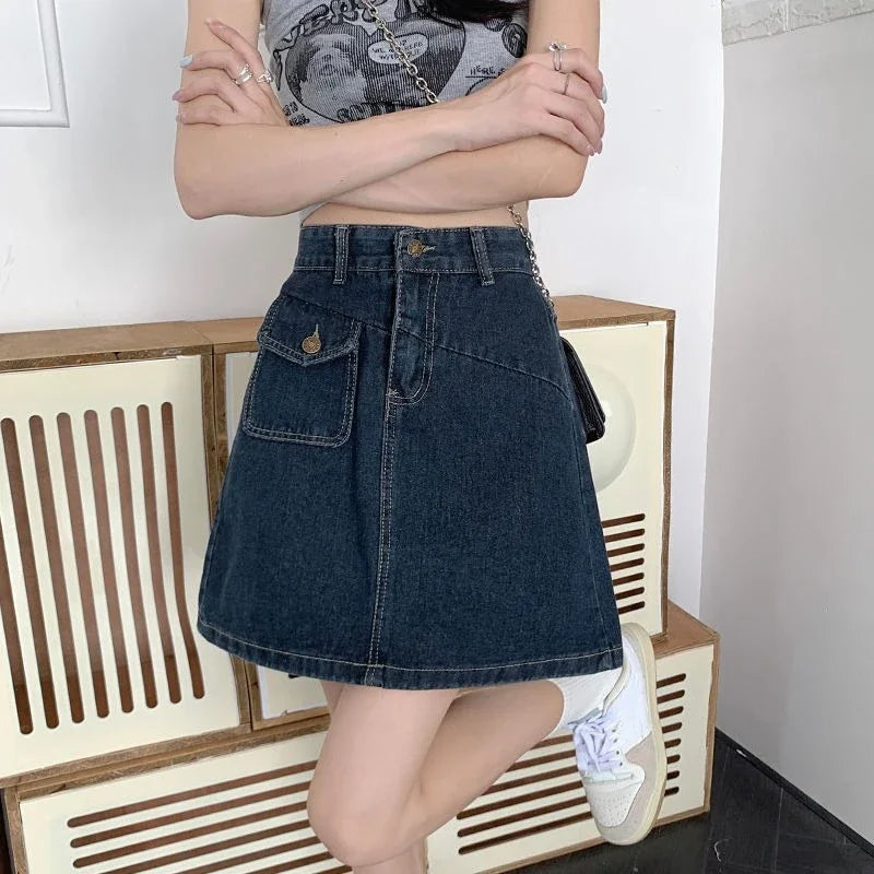 Women's Denim Skirt Retro Blue High Waist Female Jeans Skirts Streetwear Premium Modest Korean Fashion Stylish A Line Vintage