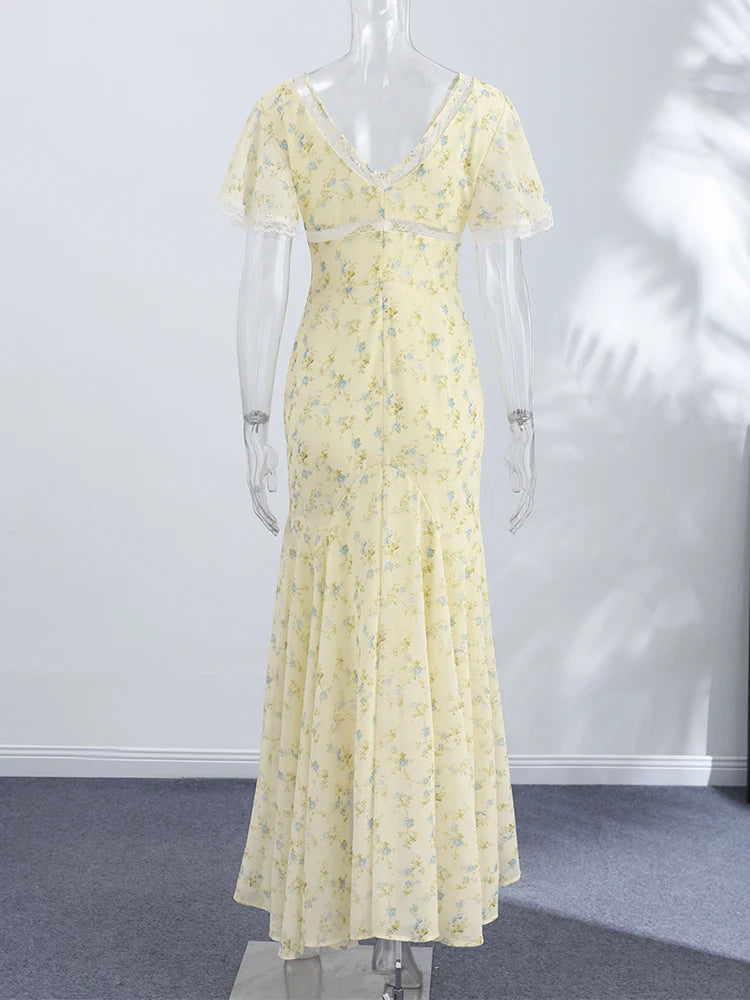 Elegant Sexy Print Fish Dress Women V Neck Short Sleeves High Waist Ruffles Split Vestidos Female 2026 Summer New Chic Dresses