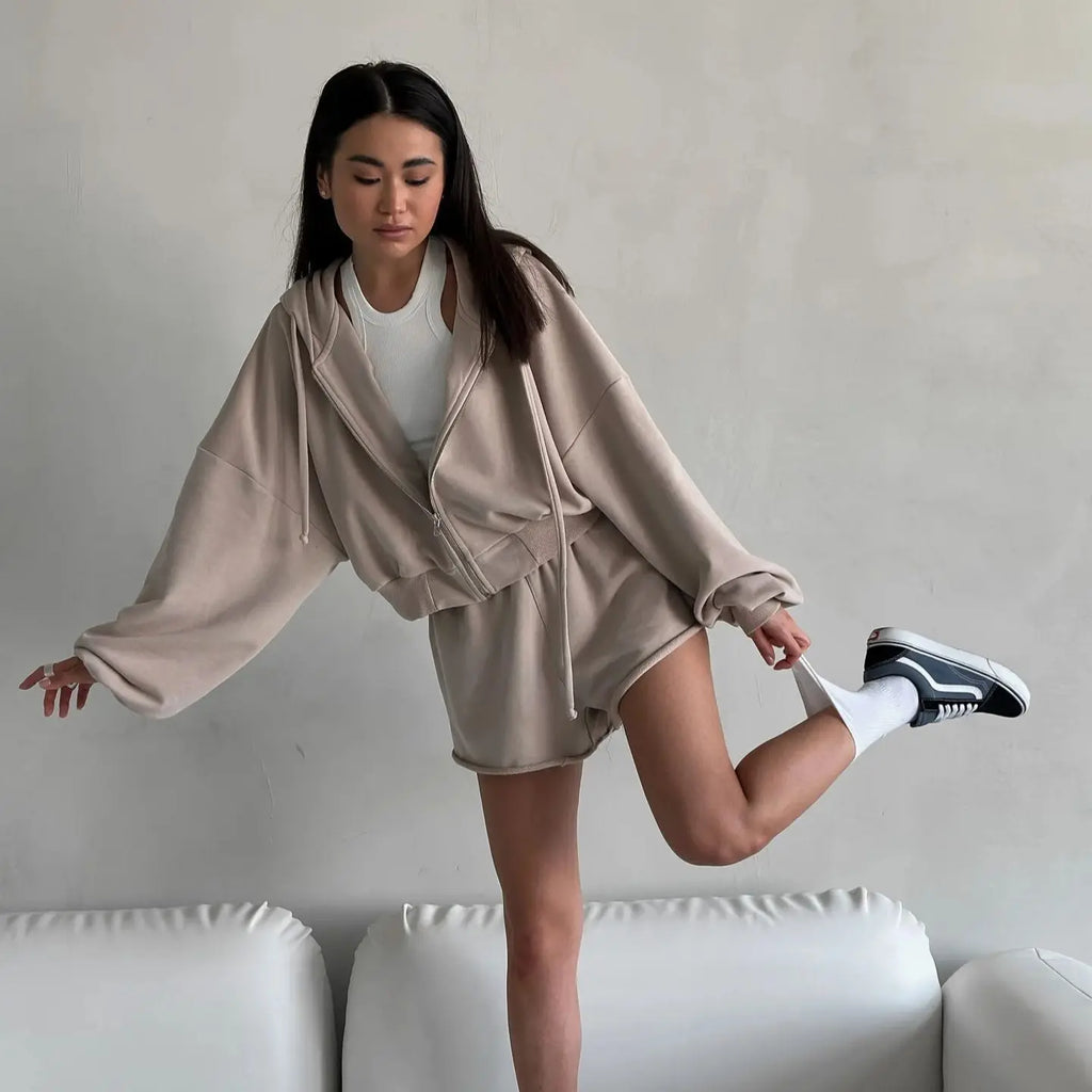 Women's Outfit Long-Sleeve Hooded Drawstring Sweatshirt Shorts Set Two-Piece Sets Sports Suit Sportswear Streetwear Trendy