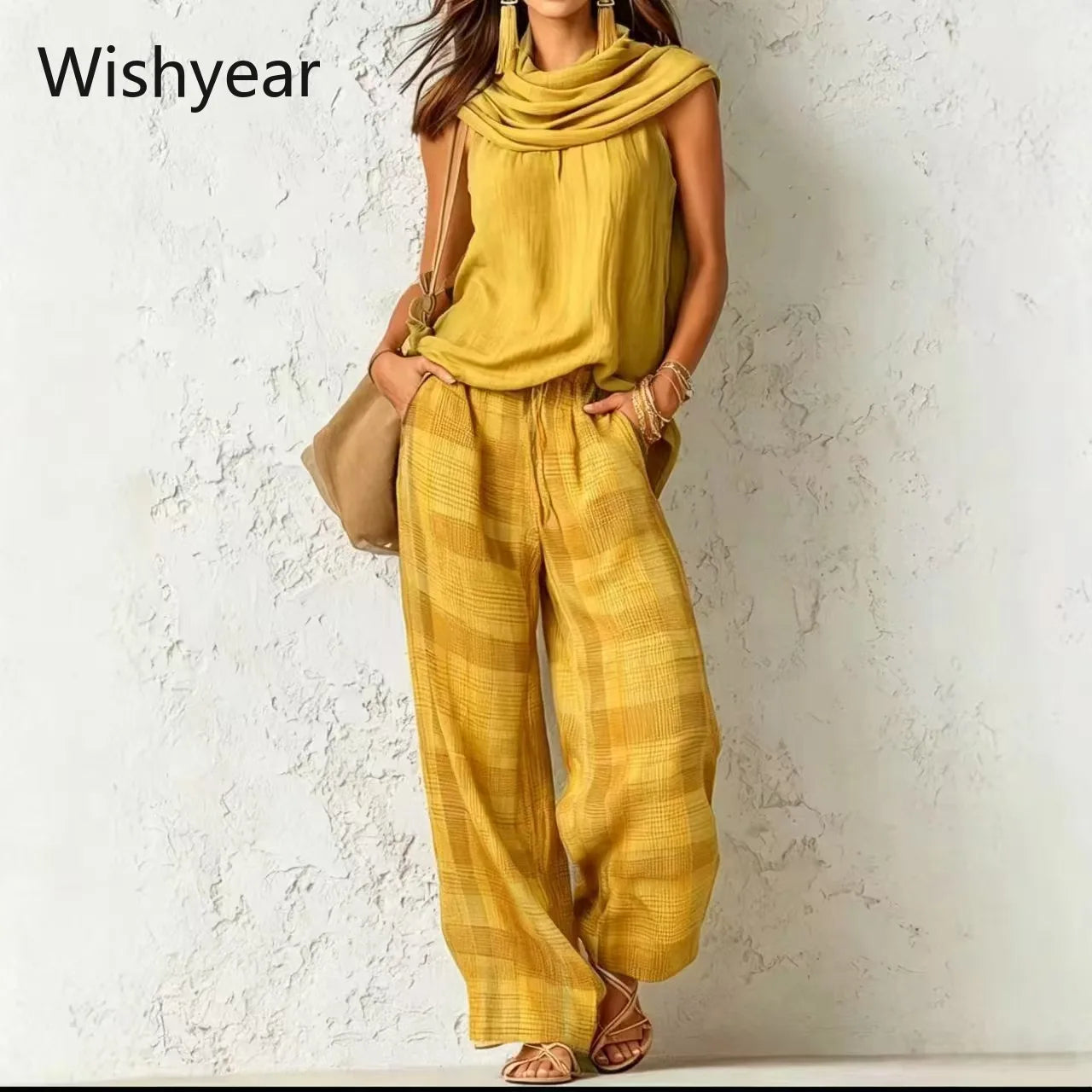 Women’s Casual Pants Set Sleeveless Draped Neck Top and High Waist Plaid Wide Leg Trousers 2 Piece Suit for Office Vacation Club