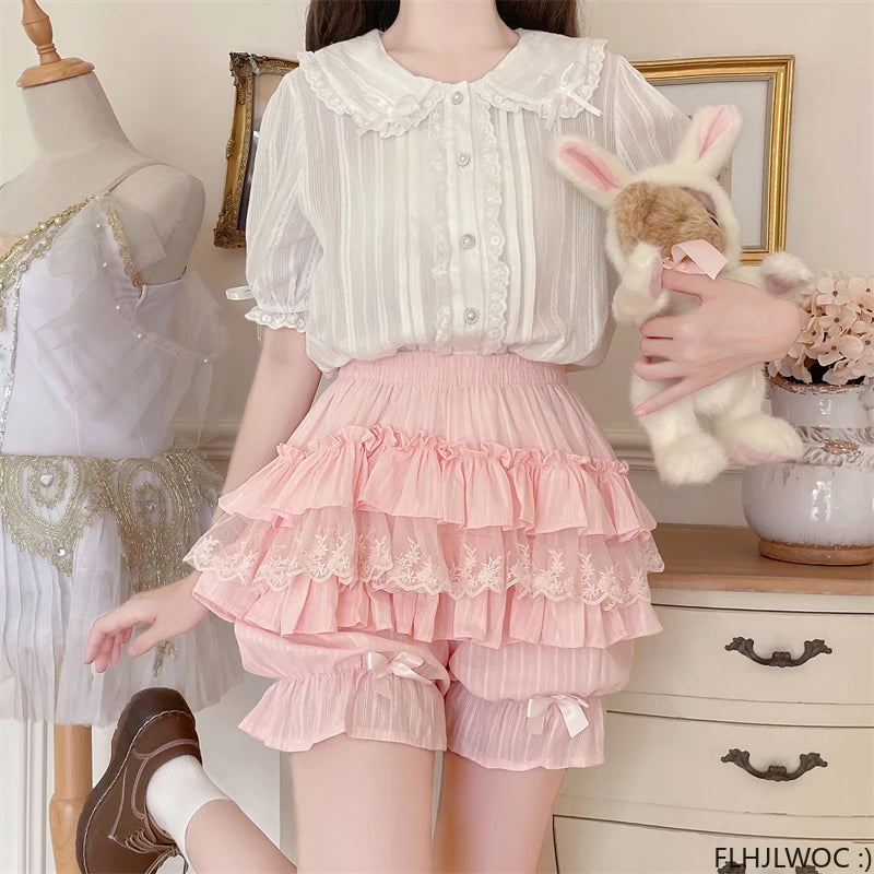 Cotton Bloomers Lolita Style Girls Cute Sweet Japan Sexy Lace Date Princess Pink Layer Puff Shorts Ruffles Lantern Small Pants