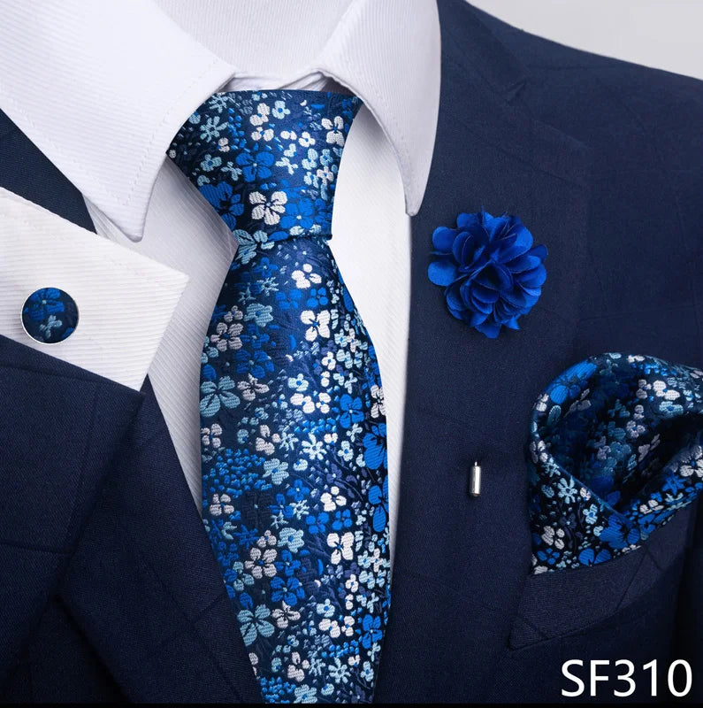 Hot Sale Luxury 8 Cm Blue Floral Ties Pocket Square Cufflinks Brooch Set For Man Suit Accessories Holiday Gift Fit Formal Party