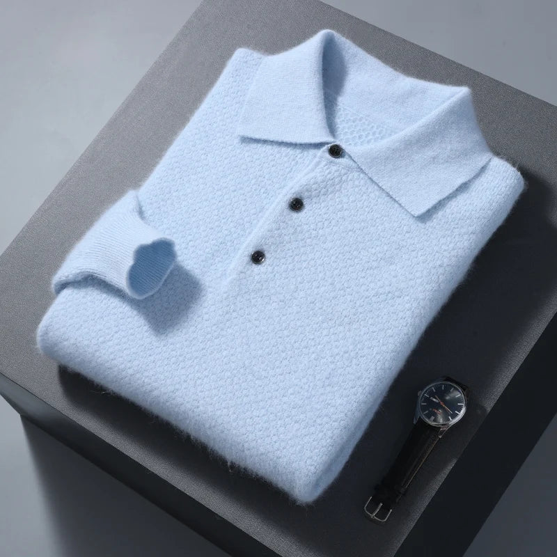Men 100% Mink Cashmere Polo Sweater Autumn Winter Basic Smart Casual Long Sleeve Pullovers Cashmere Knitwear Soft Comfy Clothing