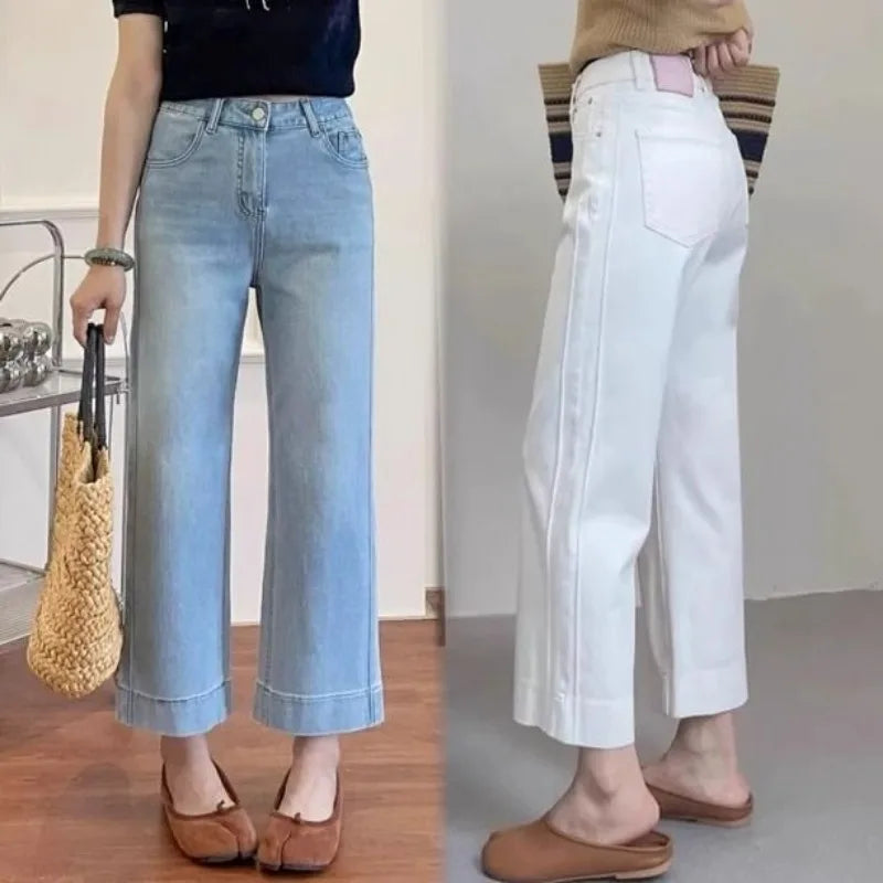 Retro Fashion Solid Color Holiday Denim Straight Pants Women's Summer Large Size High Waist Thin Wide Leg Nine-point Pants