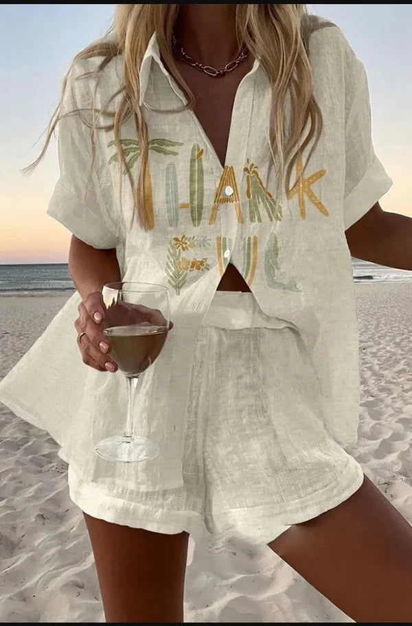 Women Summer Fashion Shorts Sets Retro Print Sleeve Shirt Shorts Suit New Casual Loose Female Beach Vacation Shorts 2 Piece Set