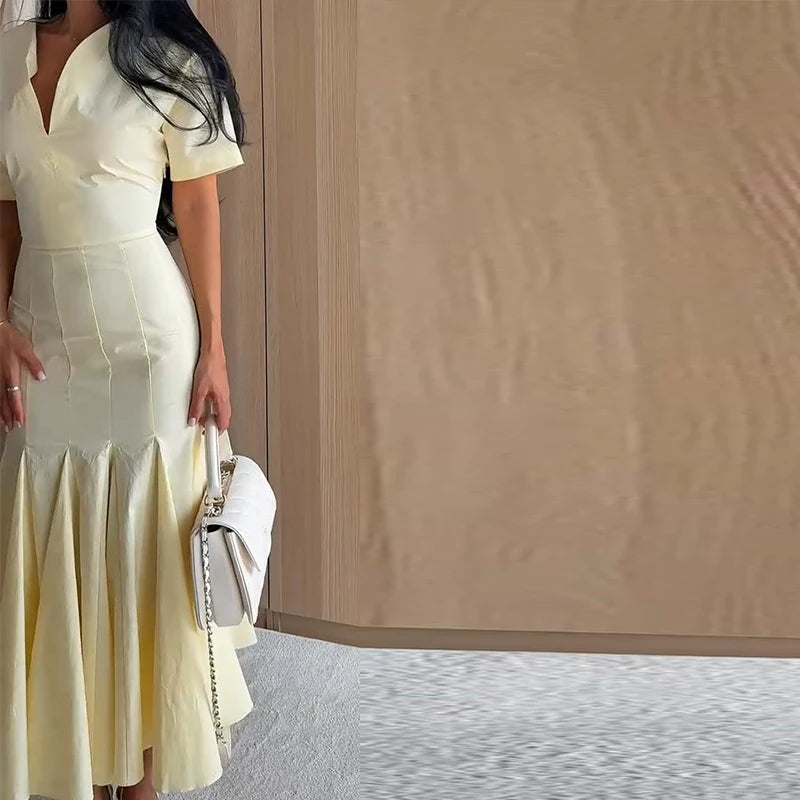 Elegant Solid Women's Dress V-Neck Short Sleeve Pleated Waist-Closed Hip Package Maxi Dresses 2026 Summer Female Vacation Robe