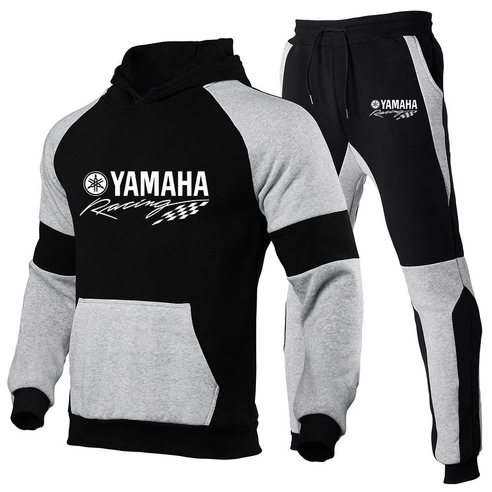 2025 New Yamaha Men's High Quality Splicing Hoodie Sportswear Cotton Top and Pants Sports Running Two Piece Set
