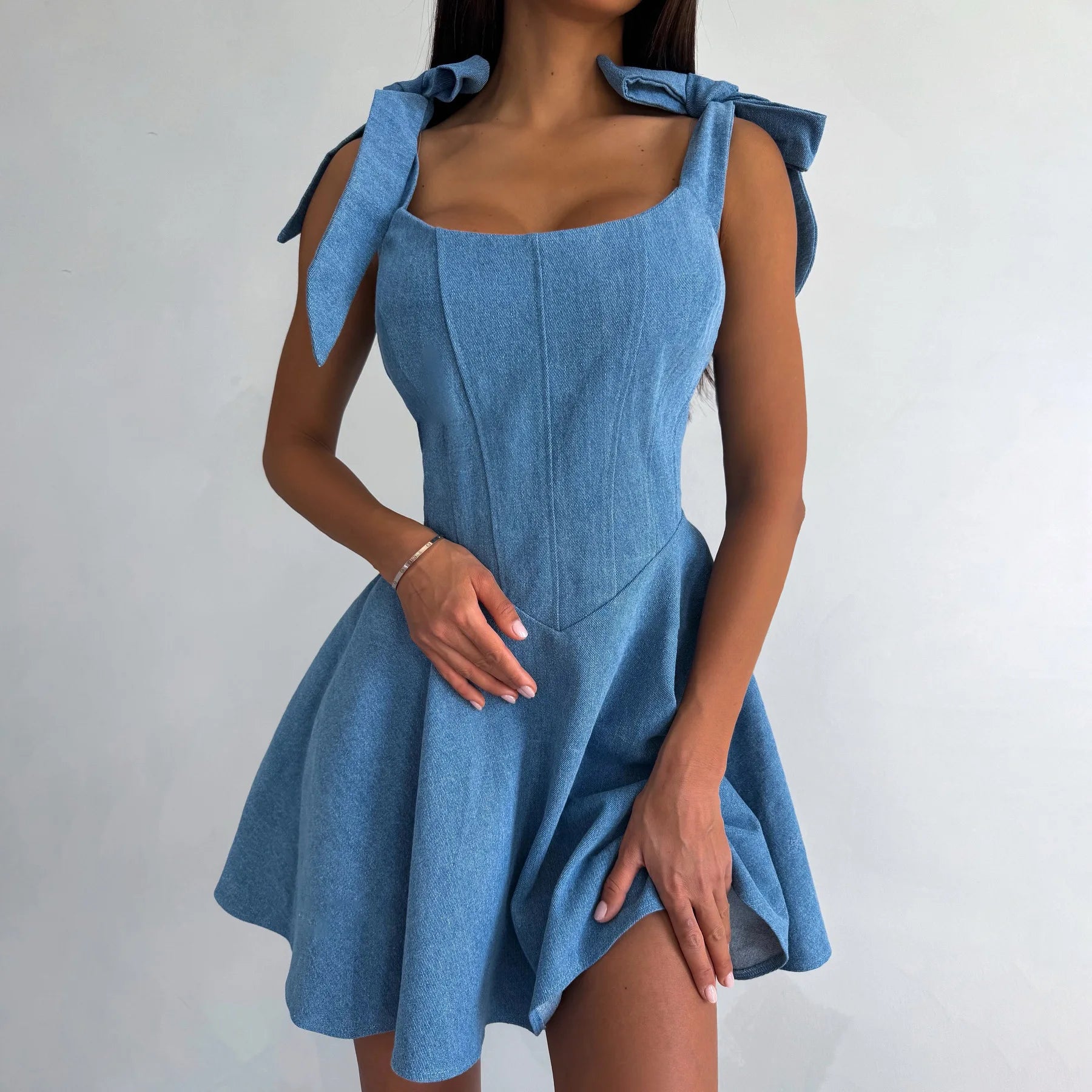 Denim Dress for Women Sexy Adult Clothing Fashionable Hot Girl Collar Bow Tied Strap Skirt Waist Dress Hight Street Style Summer