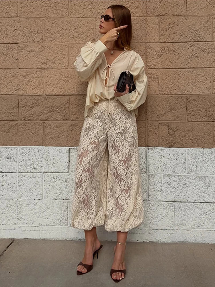 Sheer Floral Lace Tie Balloon Trousers High Waist 2026 Spring/Autumn Elegant Women Bottoms Fashion Chic Holiday Versatile Pants