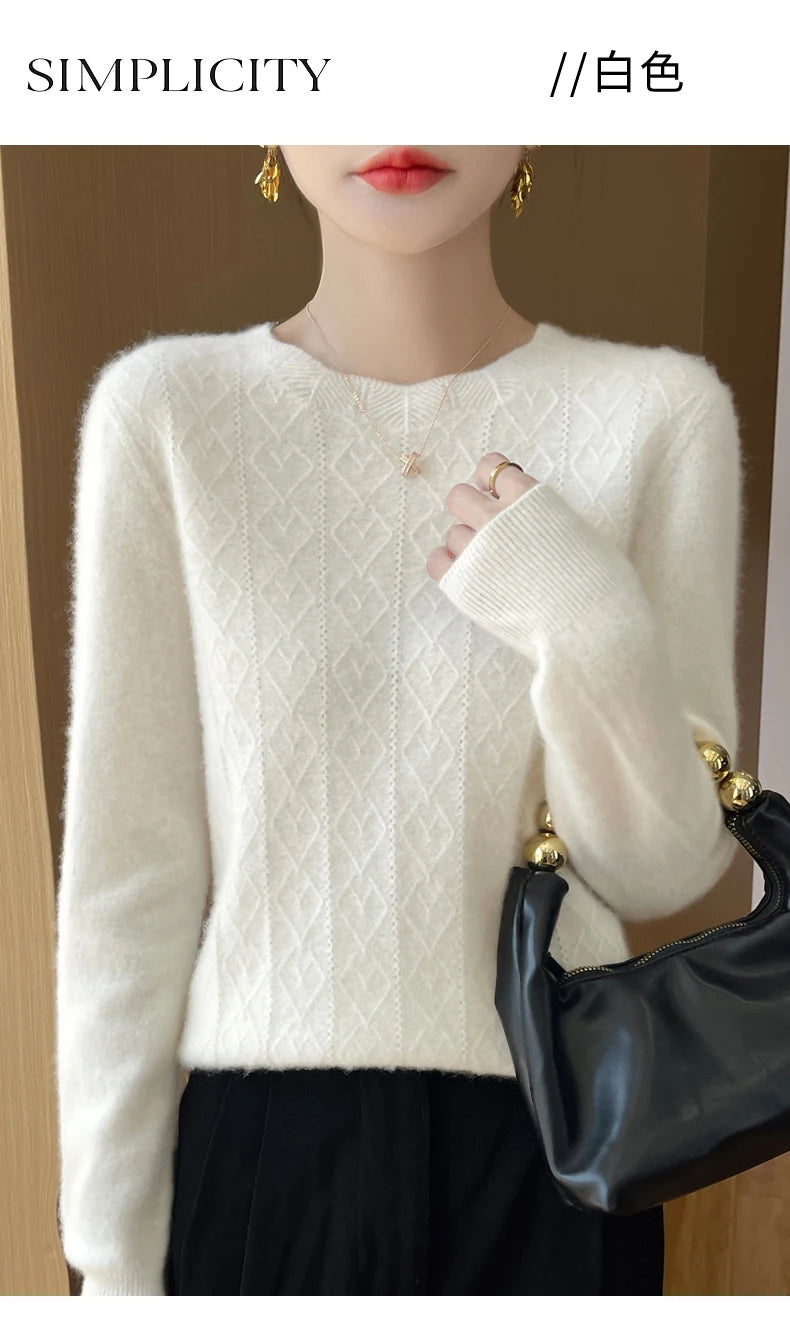 Fall/Winter 2024 New Women's Sweater 100% Pure Wool Lotus Collar Solid Color Loose Knitted Cashmere Pullover