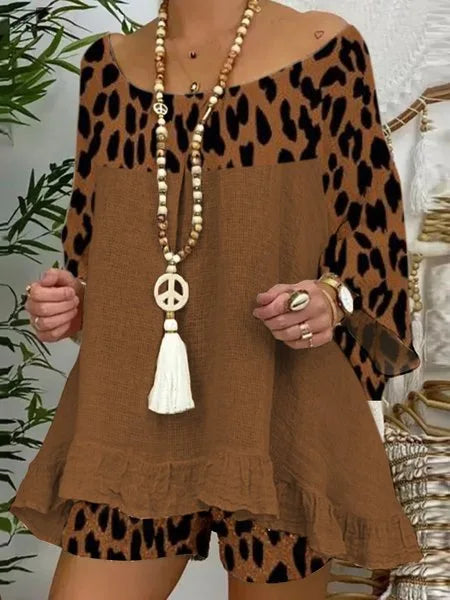 Linen Blouse Tops And Loose Shorts Suit Vintage Two Piece Set Print Sets Female Leopard Patchwork Outfit