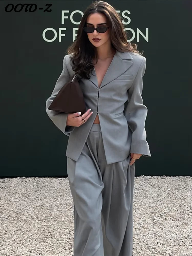 Casual V-neck Blazer Pants Set Women Single Breasted Pocket Jacket Wide Leg Trousers Lady Suit 2026 Elegant 2 Pieces Sets Female