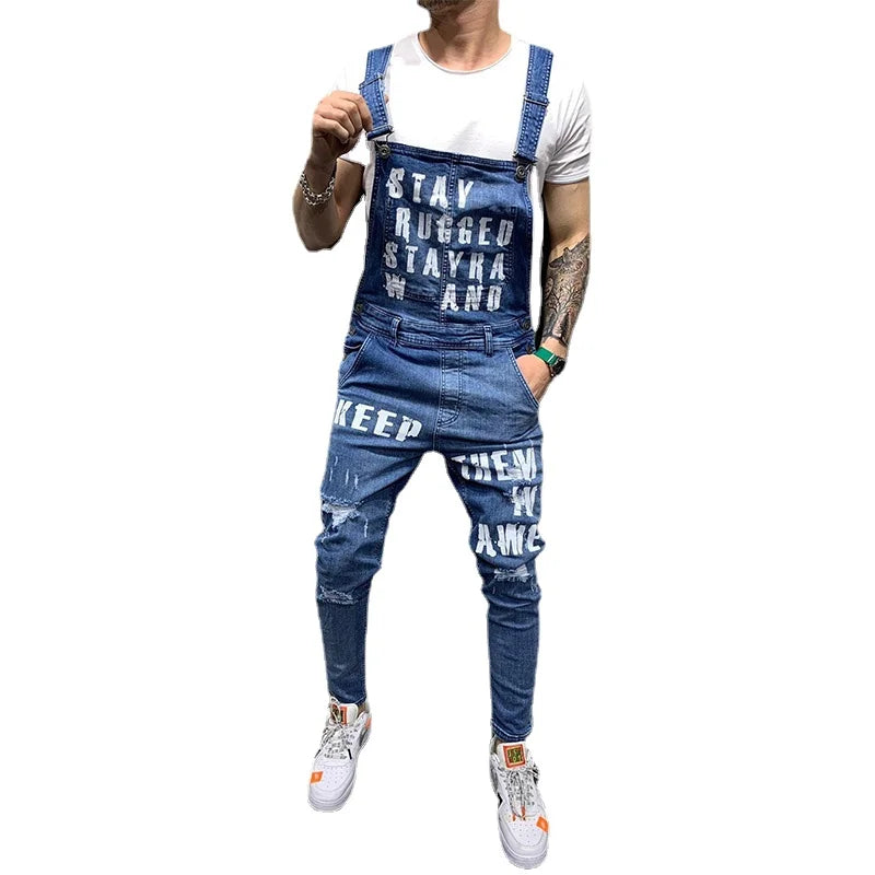 Men Suspenders Denim Jumpsuit Letters Denim Trousers Fashion Overalls Men's Ripped Denim Printed Jeans Men Streetwear