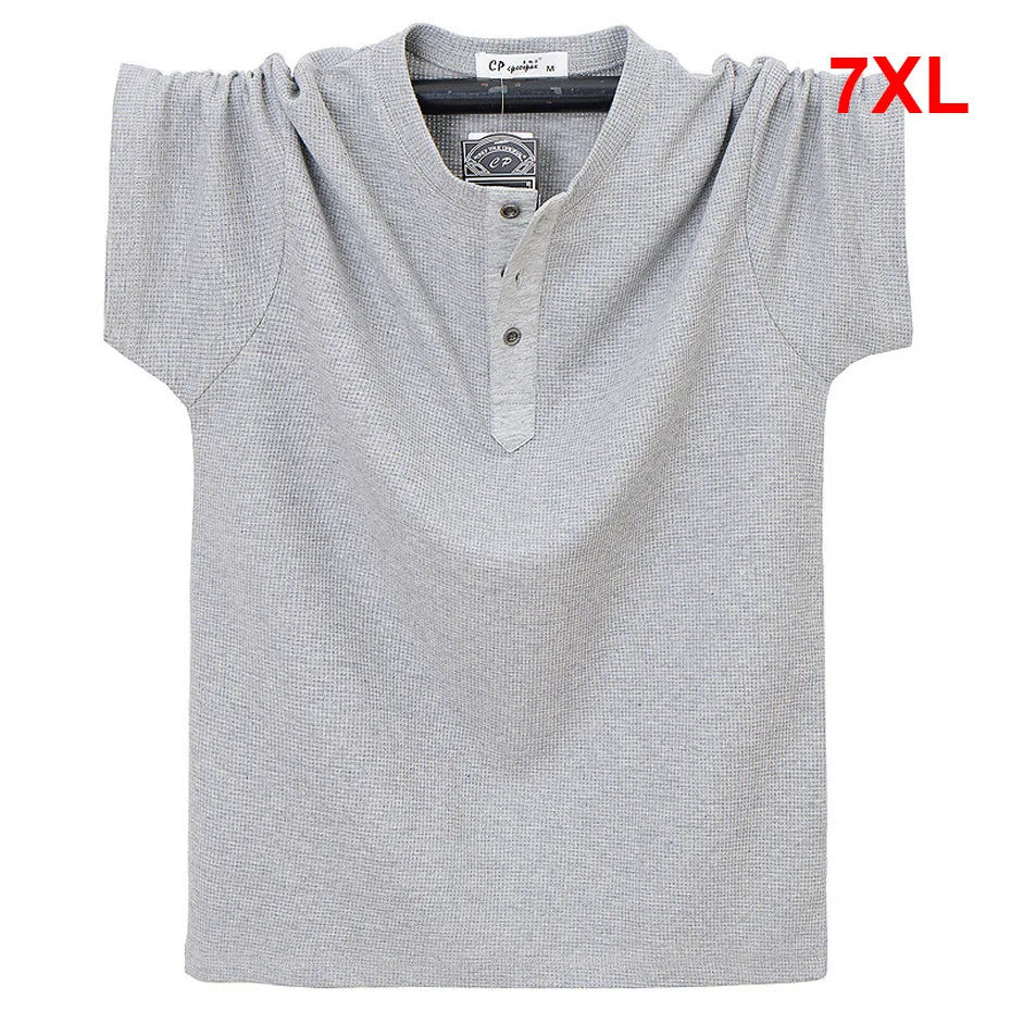 Henry Collar T-shirt Men Plus Size 7XL Summer Short Sleeve Tops Tees Fashion Casual Solid Color Tshirt Male Big Size