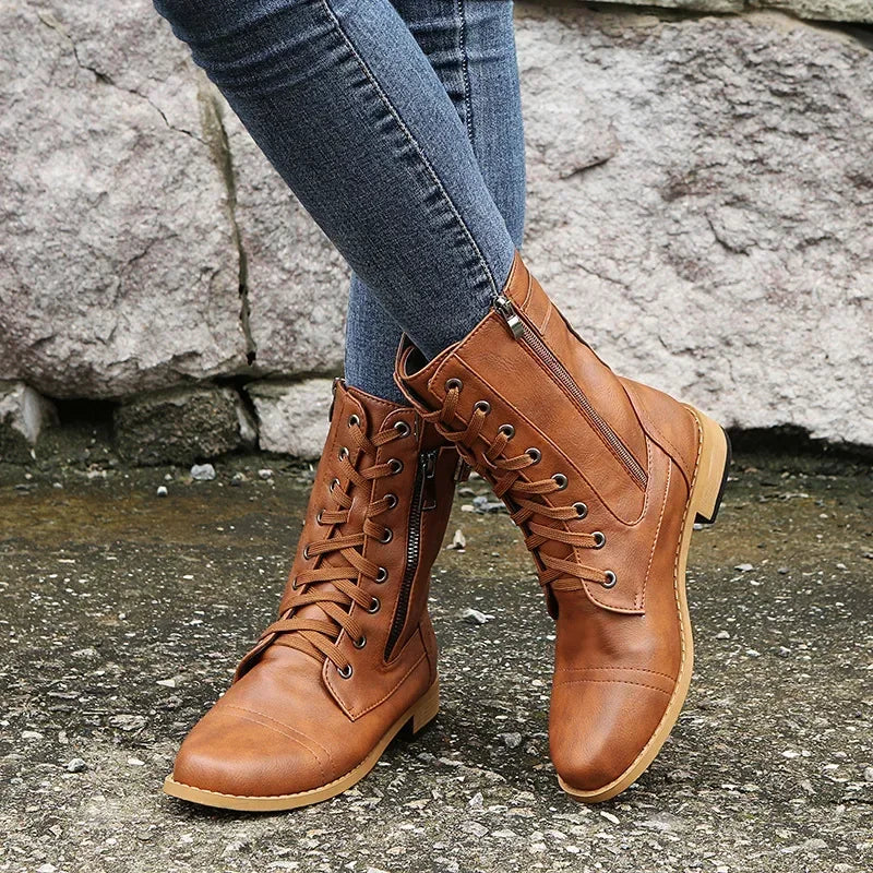 Women's Square Heels Ankle Booties  Autumn Winter PU Leather Short Work Boots Woman Plus Size Lace Up Elastic Botas Mujer 2024