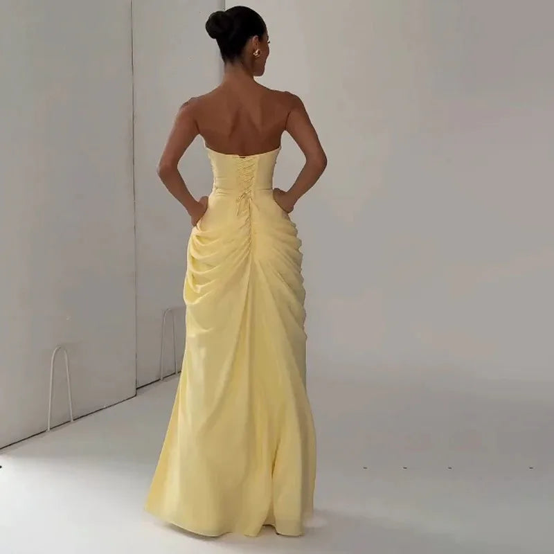 Women Yellow Low Cut Backless High Waisted Dress Lace Up Sleeveless Waist Cincher Spaghetti Strap Vestidos Party Club Women Robe