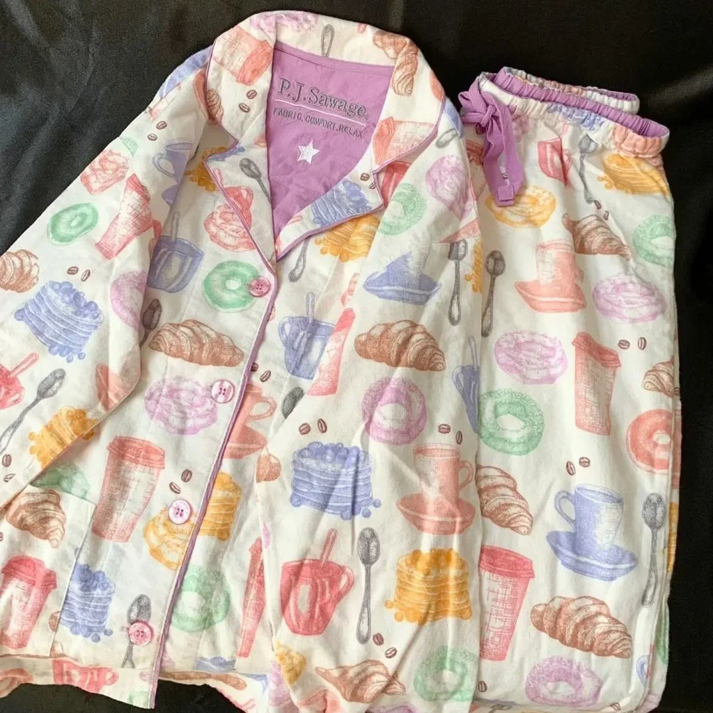 Women's Pajamas Set Cute Cartoon Print Sleepwear Elegant Top&pants 2Pcs Soft Cotton Pyjama Pour Femme Nightwear Loungewear