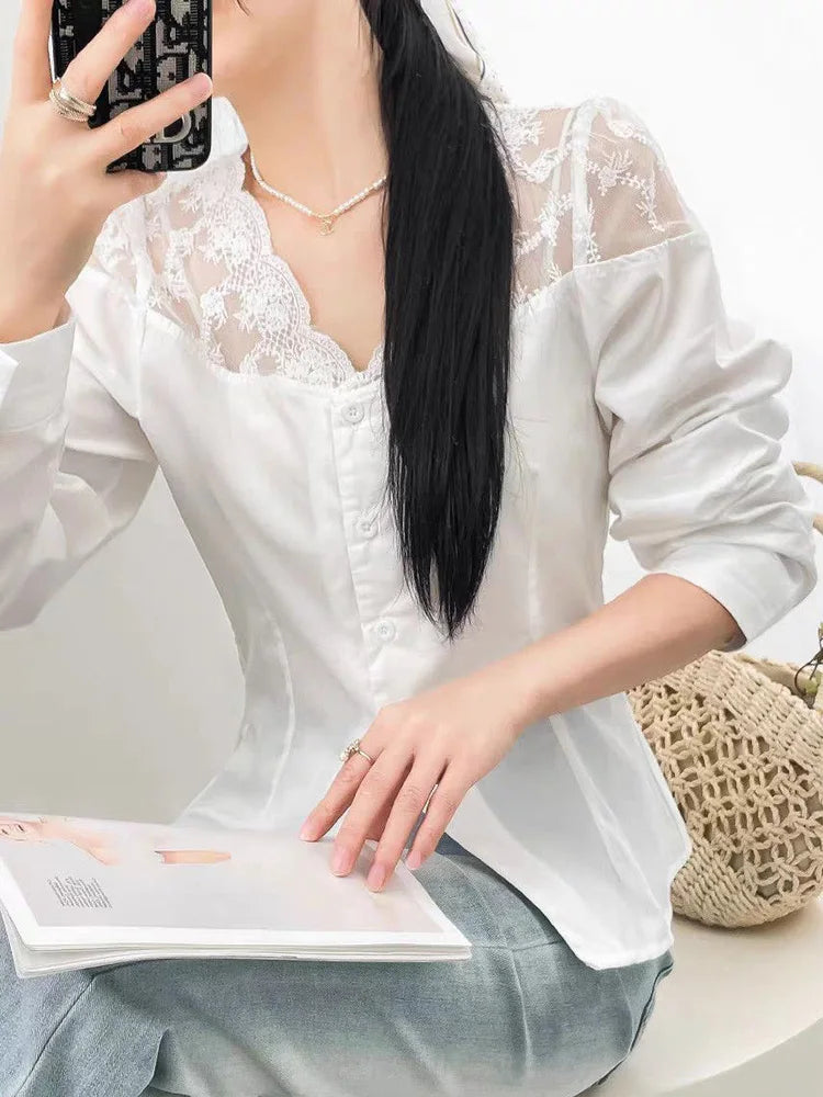 Elegant V Neck White Shirt Women Sexy Slim Long Sleeve Lace Patchwork Blouse Korean Fashion Female All Match Sweet Spring Tops