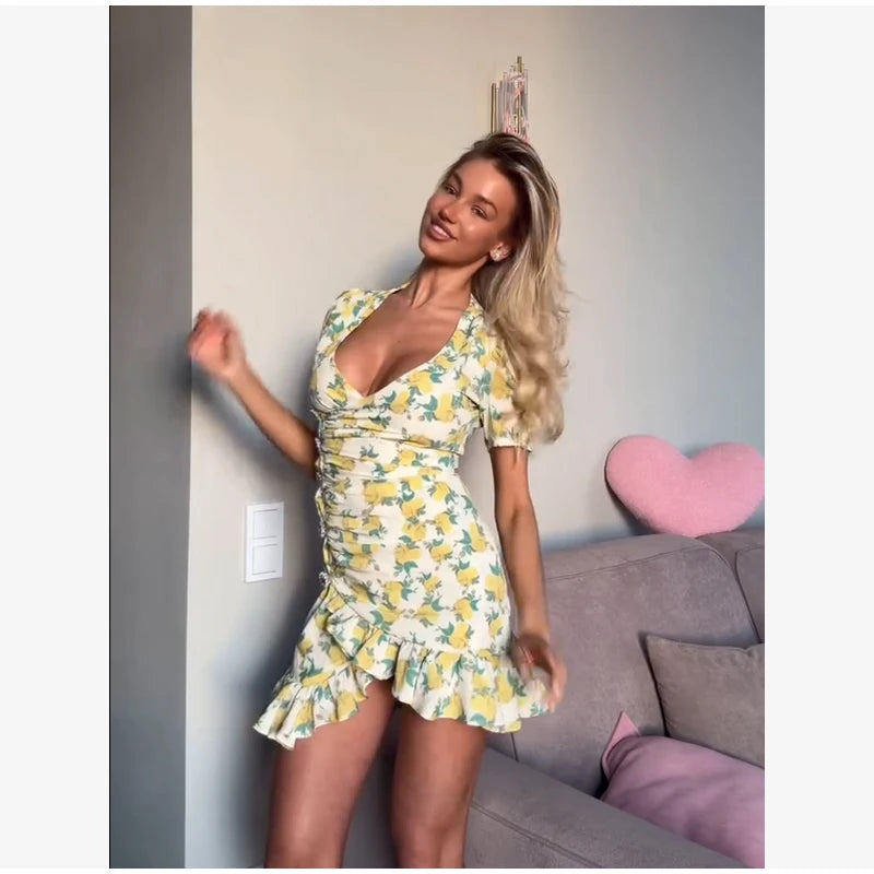 Elegant Ruffle Print Slim Short Dress Women Chic Patchwork Flared sleeves V-neck Pleated Dresses 2026 Lady Summer Casual Vestido