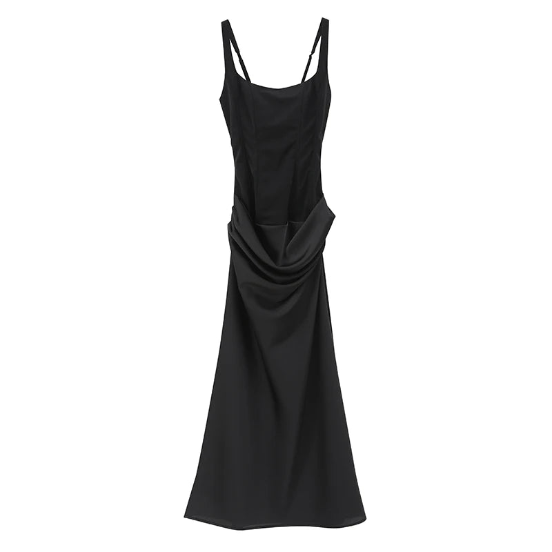 Solid Pleated Sling Dress Women Square Neck Sleeveless Backless Waist Cinching Bodycon Dresses Lady Summer Evening Party Gowns