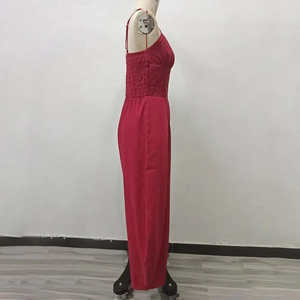 Elegant Sexy V-Neck Spaghetti Strap Jumpsuit Women High Waist Wide Leg Casual Romper Spring Boho Solid Backless Pockets Overalls