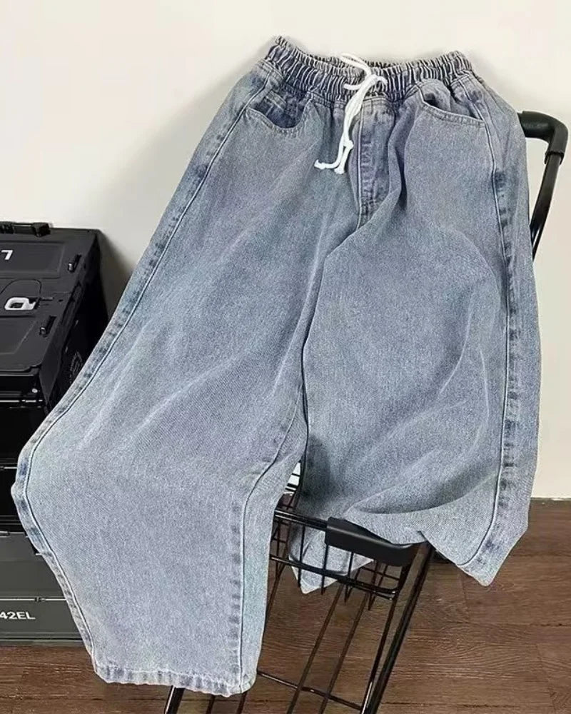 Men's Winter Loose Jeans Elastic Waist Wide Leg Y2K Denim Pants Straight Leg Comfortable Brand Men's Jeans