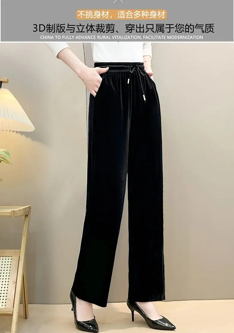 Women Drawstring High Waist Velvet Wide Leg Long Pants