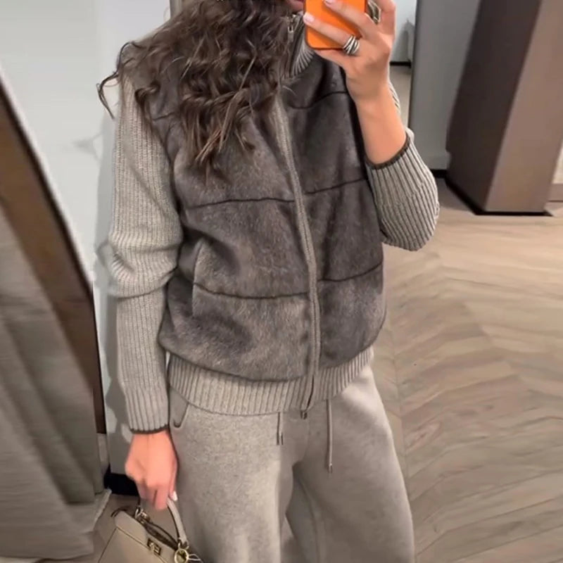 2026 Spring Knitted Long Pants Sets For Women Faux Fur Patchwork Zipper Sweater Jacket Wide Leg Trousers Lady Chic 2 Pieces Sets
