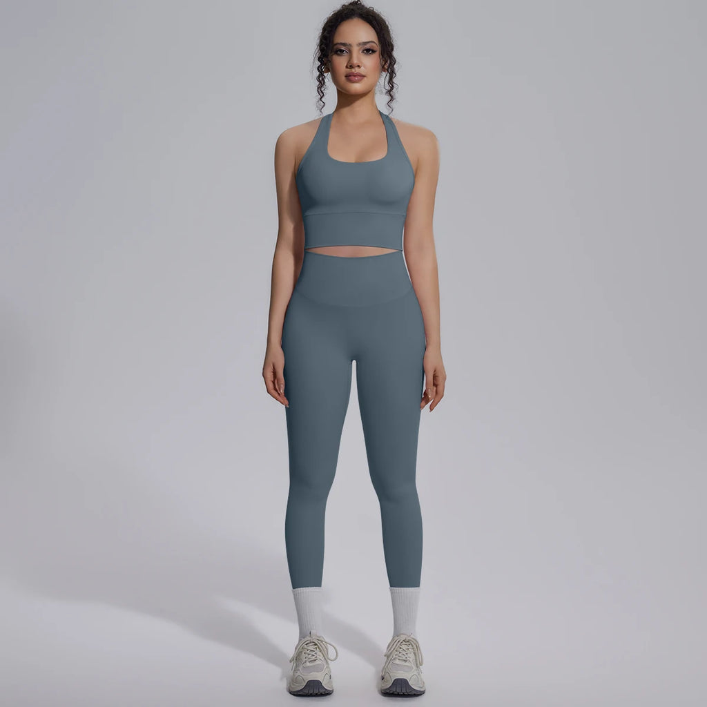 Rooftrellen New Women's Two-piece Set Fitness Sports Solid Color Yoga Set Summer Quick Drying Legging Pants Gather I-shaped Vest